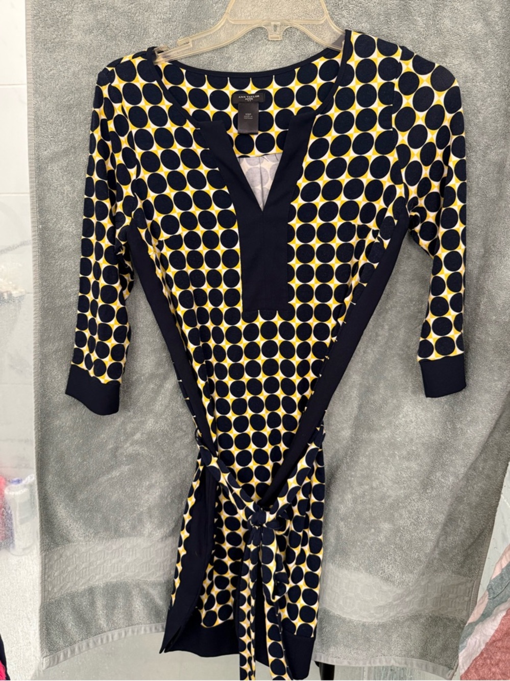 Ann Taylor Petite Navy and Yellow Polka Dot Blazer - V-Neck Trim